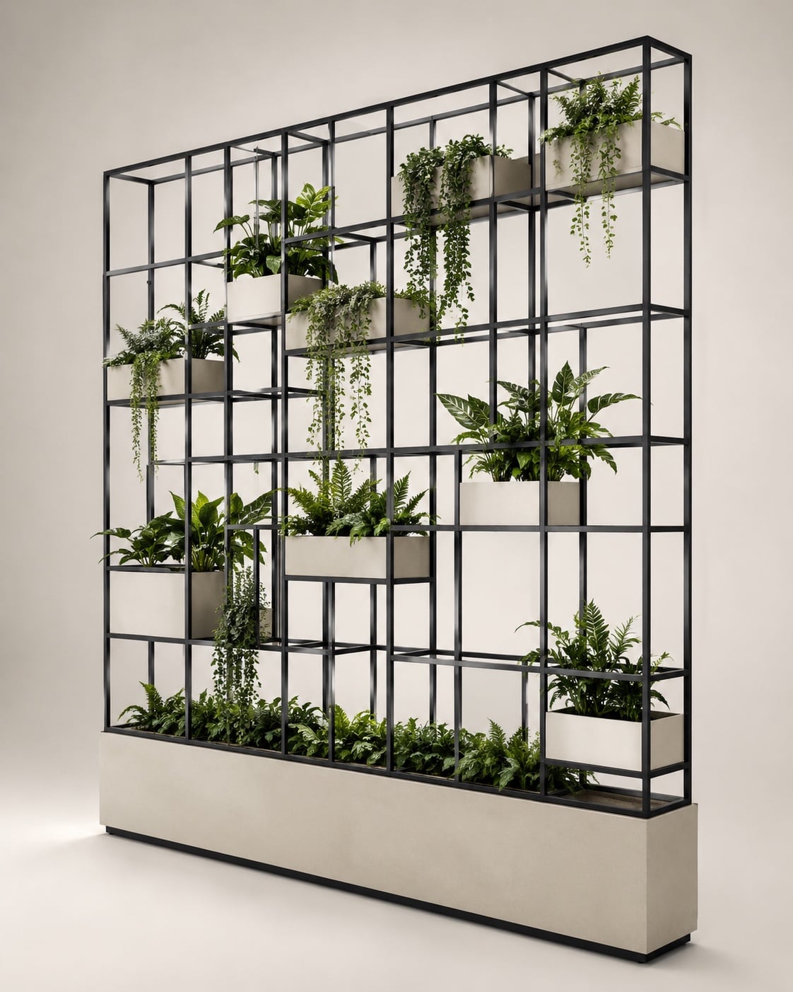 WE FORM SPACE Freestanding black metal grid plant wall with integrated planters